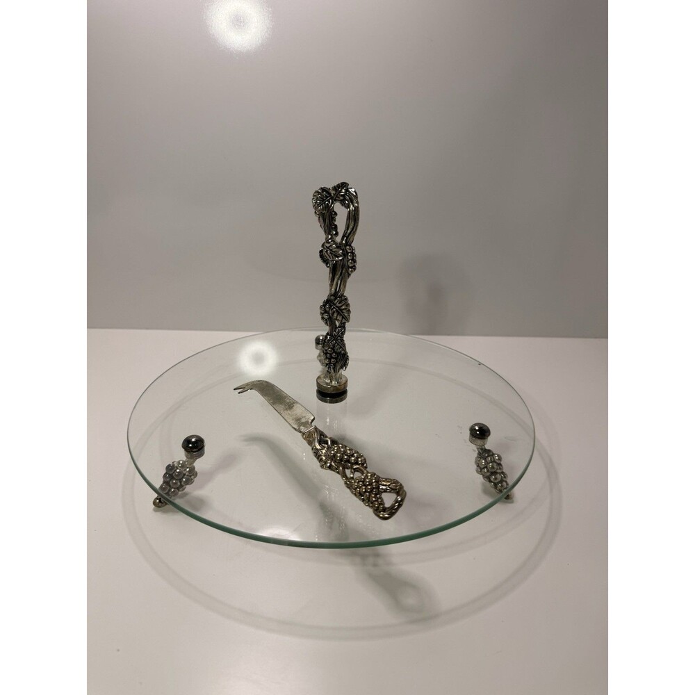 Vintage Silver‑Plated Glass‎ Cheese Plate with Grape‑Handle Knife (A3) - Picture 3 of 5